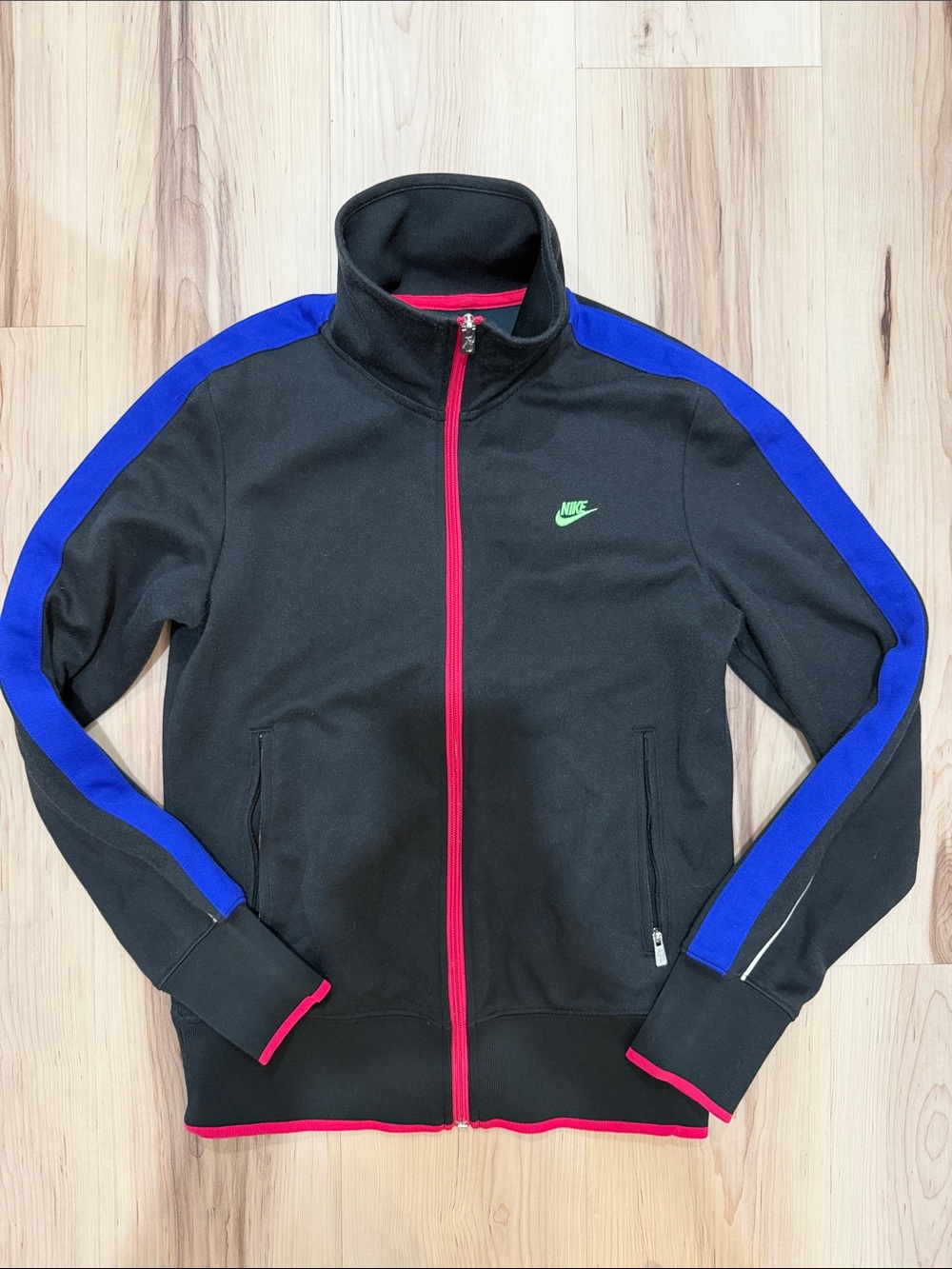 Nike Black Track Jacket with Blue Shoulder Stripes and Pink Trim